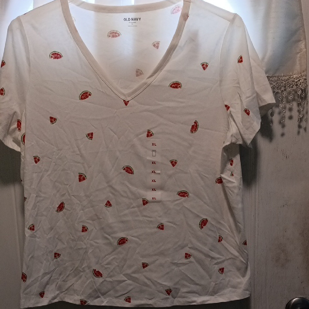 Old Navy White V-Neck Tee with Watermelon Slice Print NWT